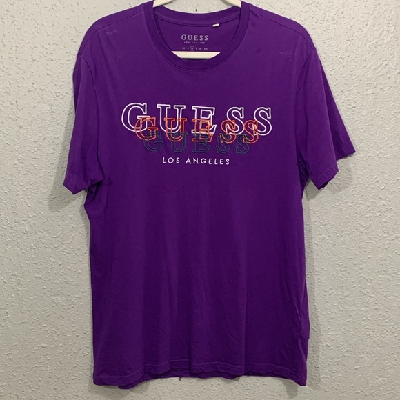 Guess Purple Embroidered SpellOut Crew Neck Short Sleeve T-Shirt size M - Picture 1 of 9